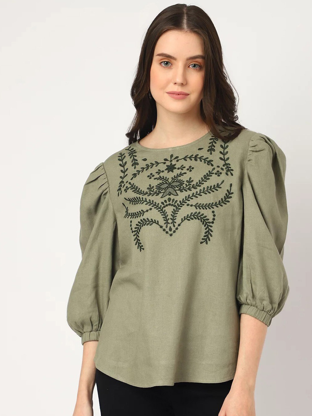 

Marks & Spencer Floral Printed Puff Sleeves Linen Top, Green