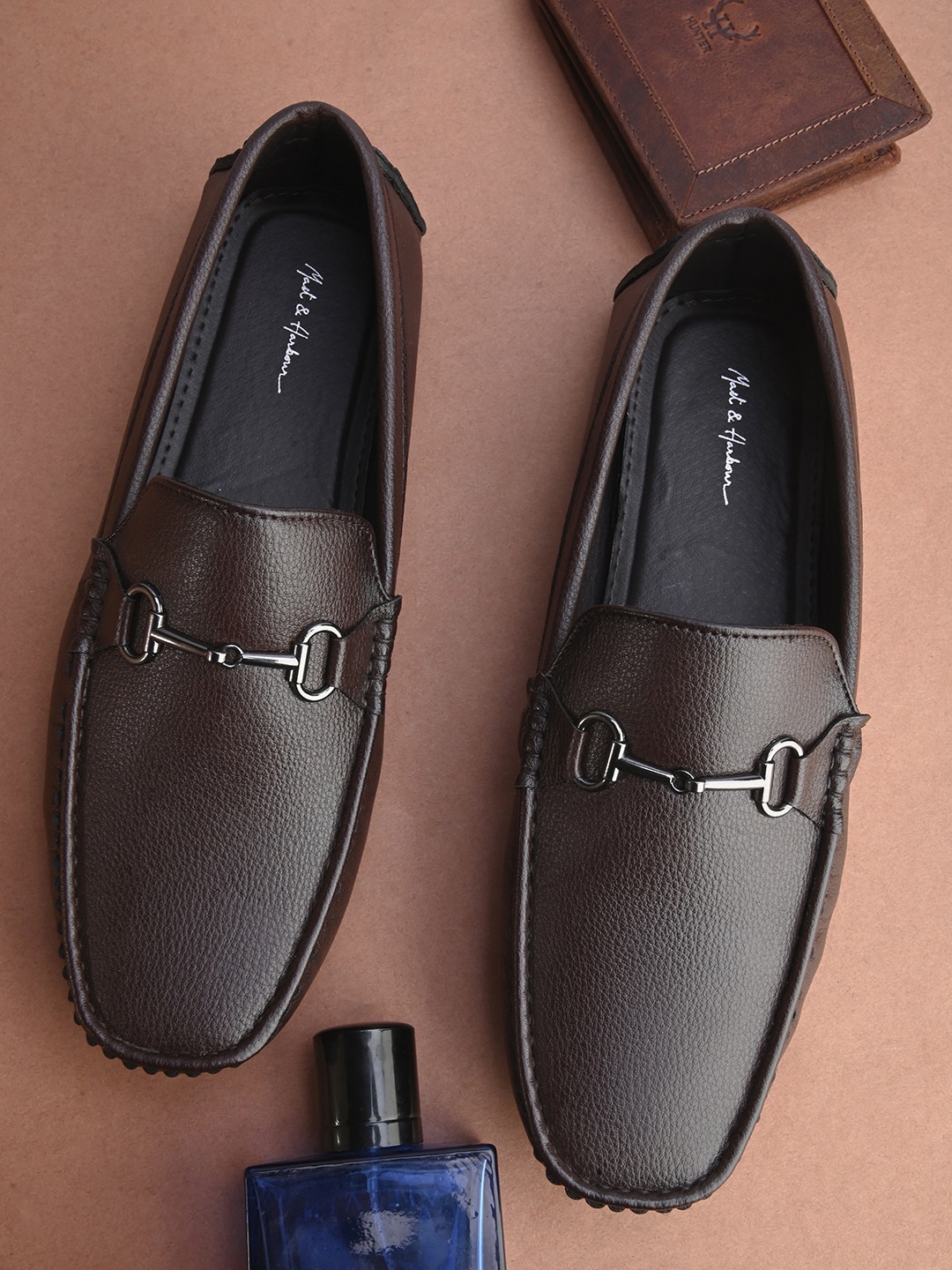 

Mast & Harbour Men Textured Embellished Comfort Insole Horsebit Loafers, Brown