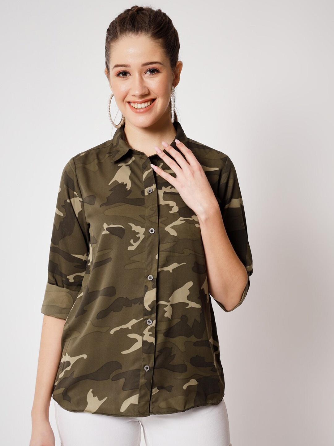 

CHARMGAL Classic Camouflage Printed Crepe Casual Shirt, Olive