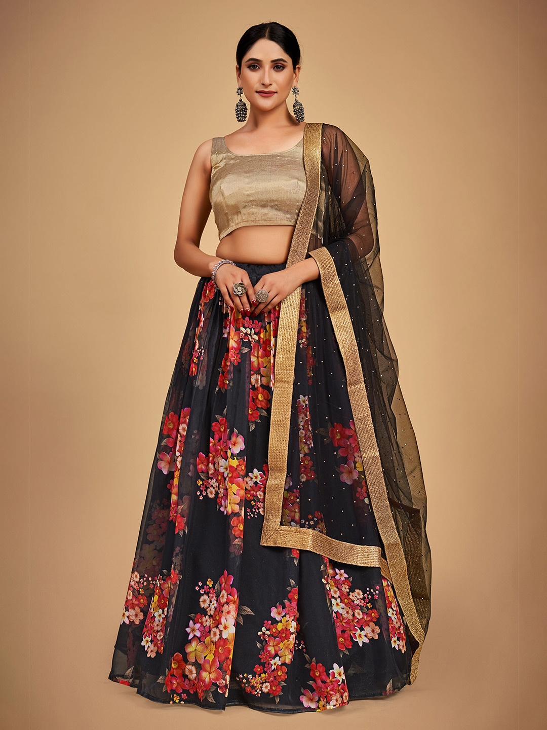 

Fusionic Black & Gold-Toned Semi-Stitched Lehenga & Unstitched Blouse With Dupatta