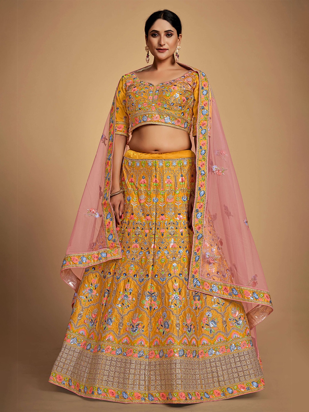 

Fusionic Embellished Semi-Stitched Lehenga & Unstitched Blouse With Dupatta, Mustard