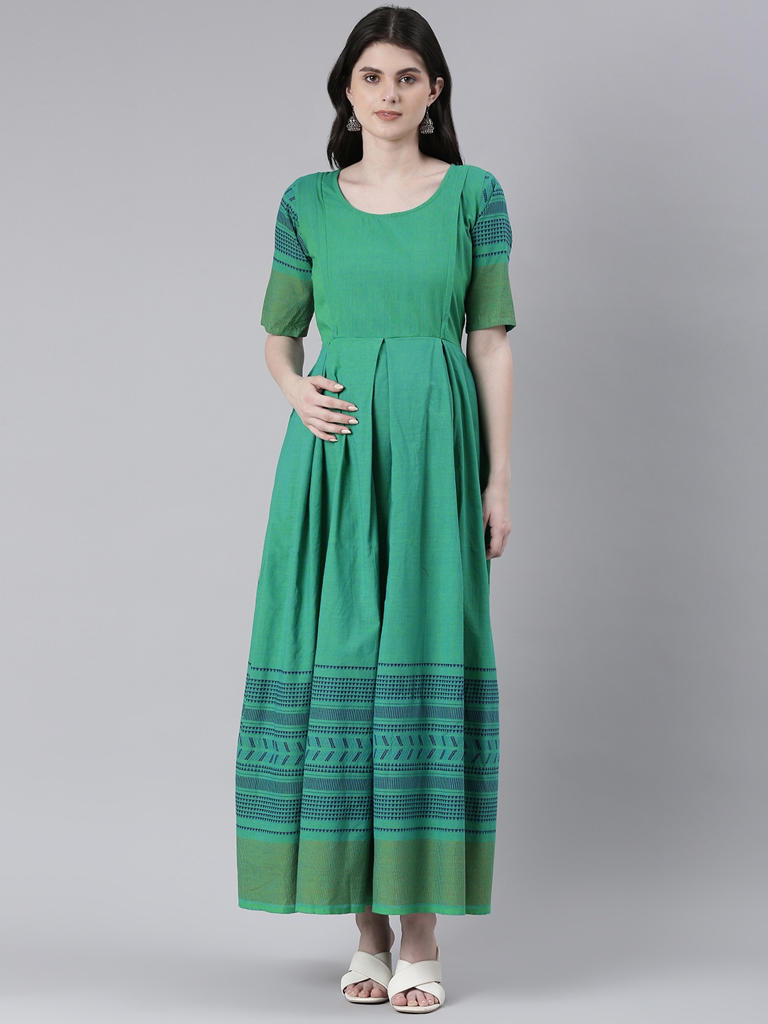 

Swishchick Printed Maternity Fit & Flare Midi Ethnic Dress, Green