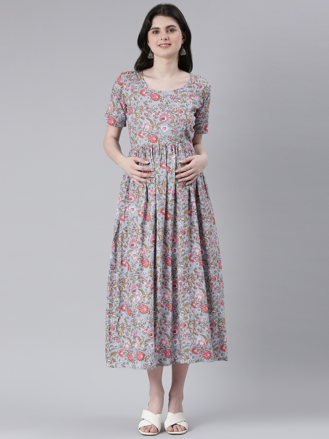 

Swishchick Floral Print Maternity Fit & Flare Midi Ethnic Dress, Blue
