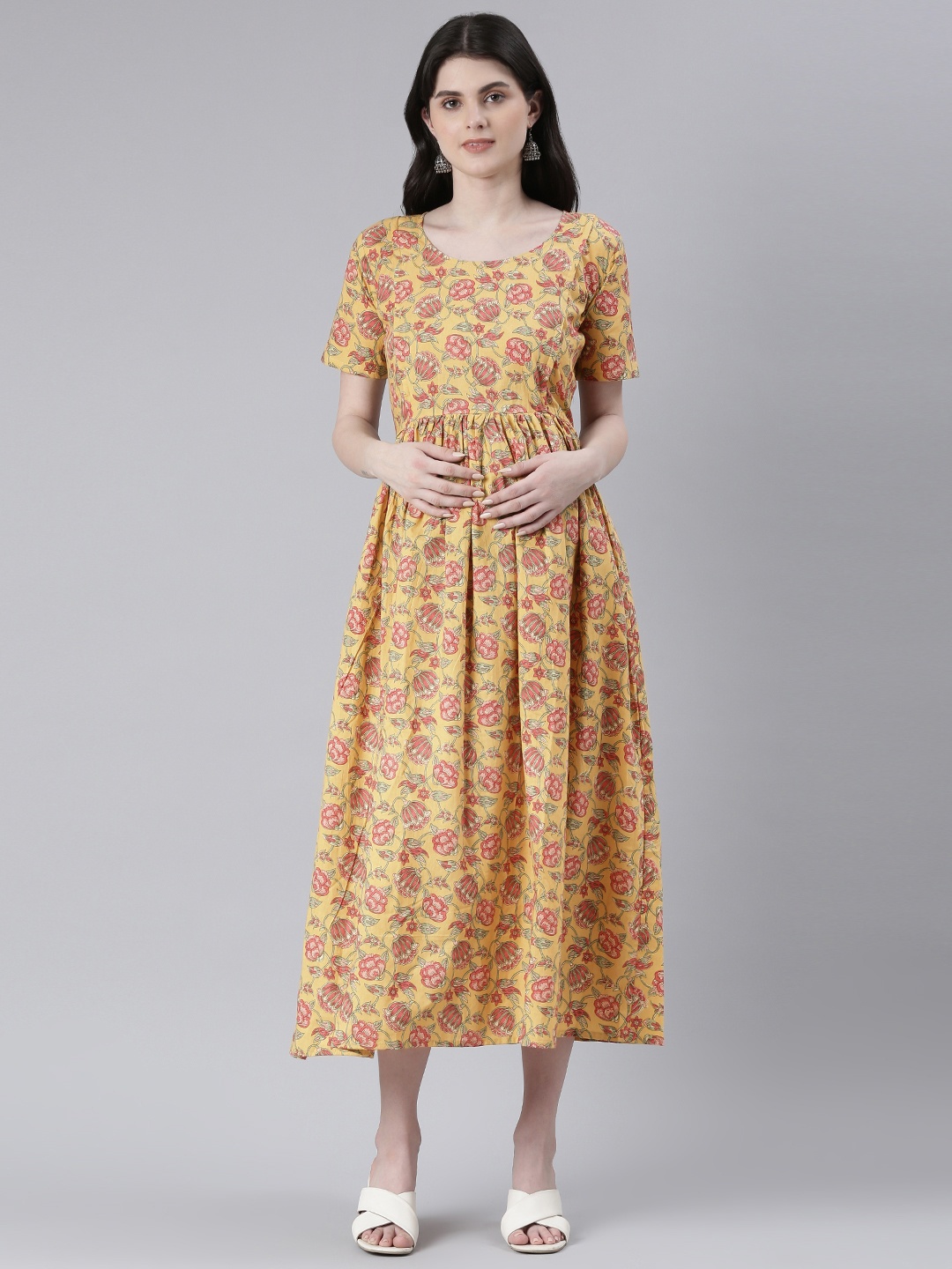 

Swishchick Floral Print Maternity Fit & Flare Midi Ethnic Dress, Yellow