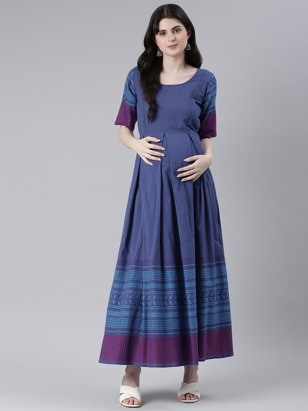 

Swishchick Checked Maternity Fit & Flare Maxi Ethnic Dress, Blue