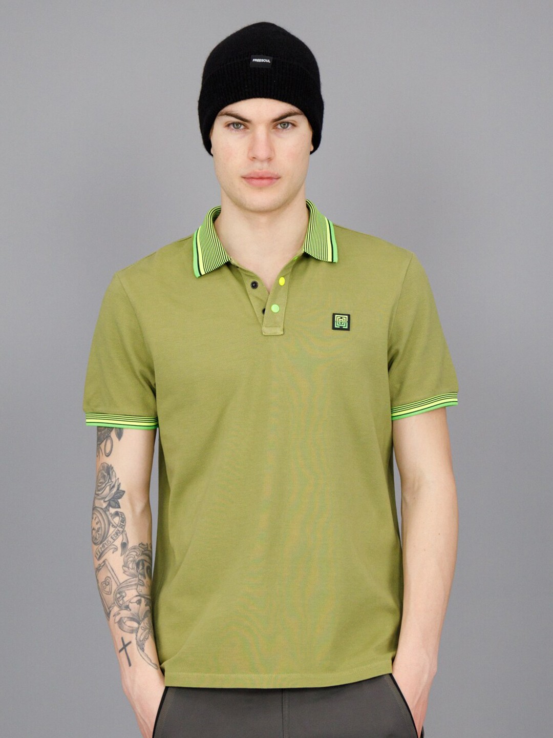 

FREESOUL Polo Collar Cotton Casual T-shirt, Khaki