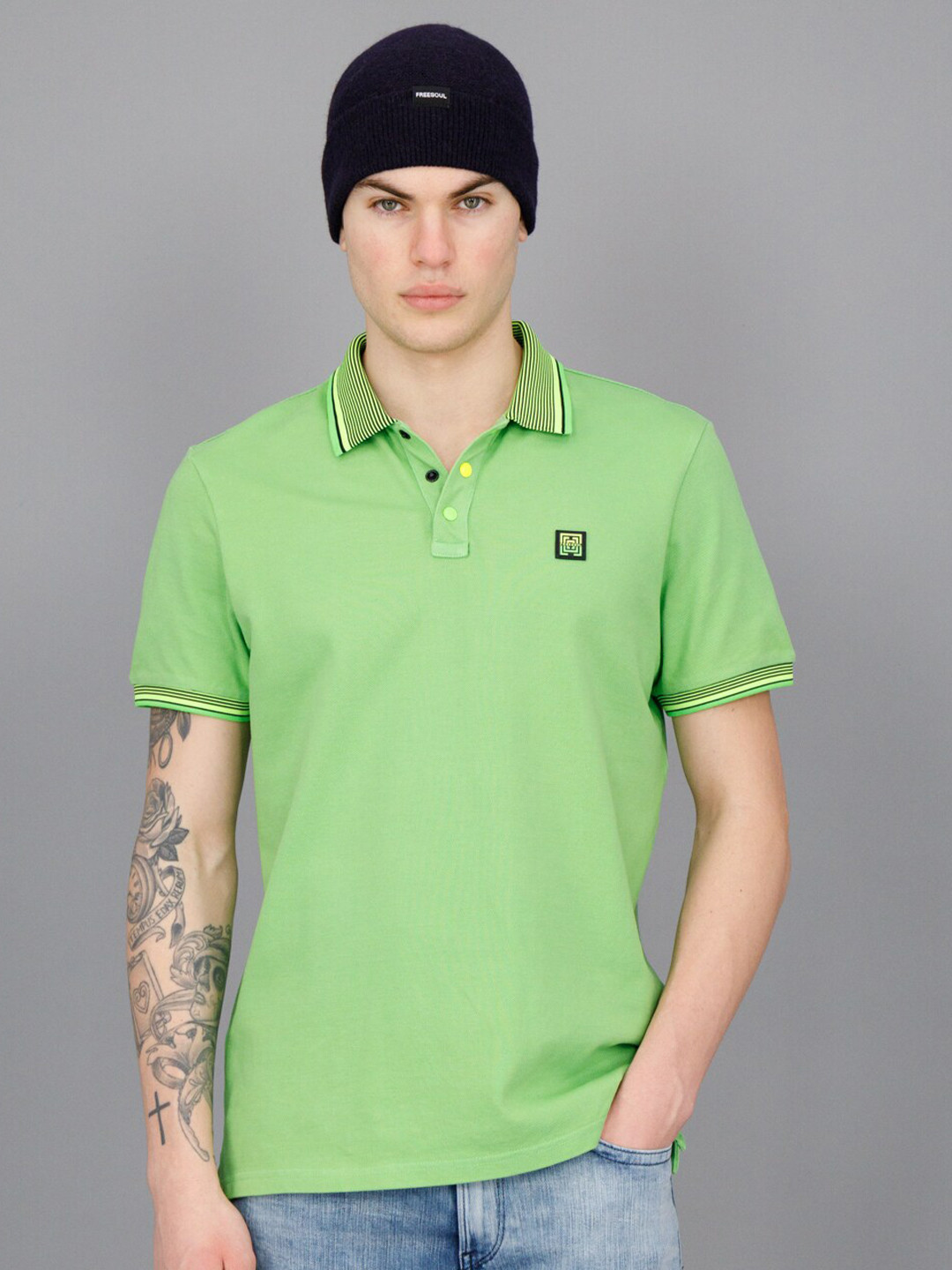 

FREESOUL Polo Collar Short Sleeves Pure Cotton T-shirt, Green