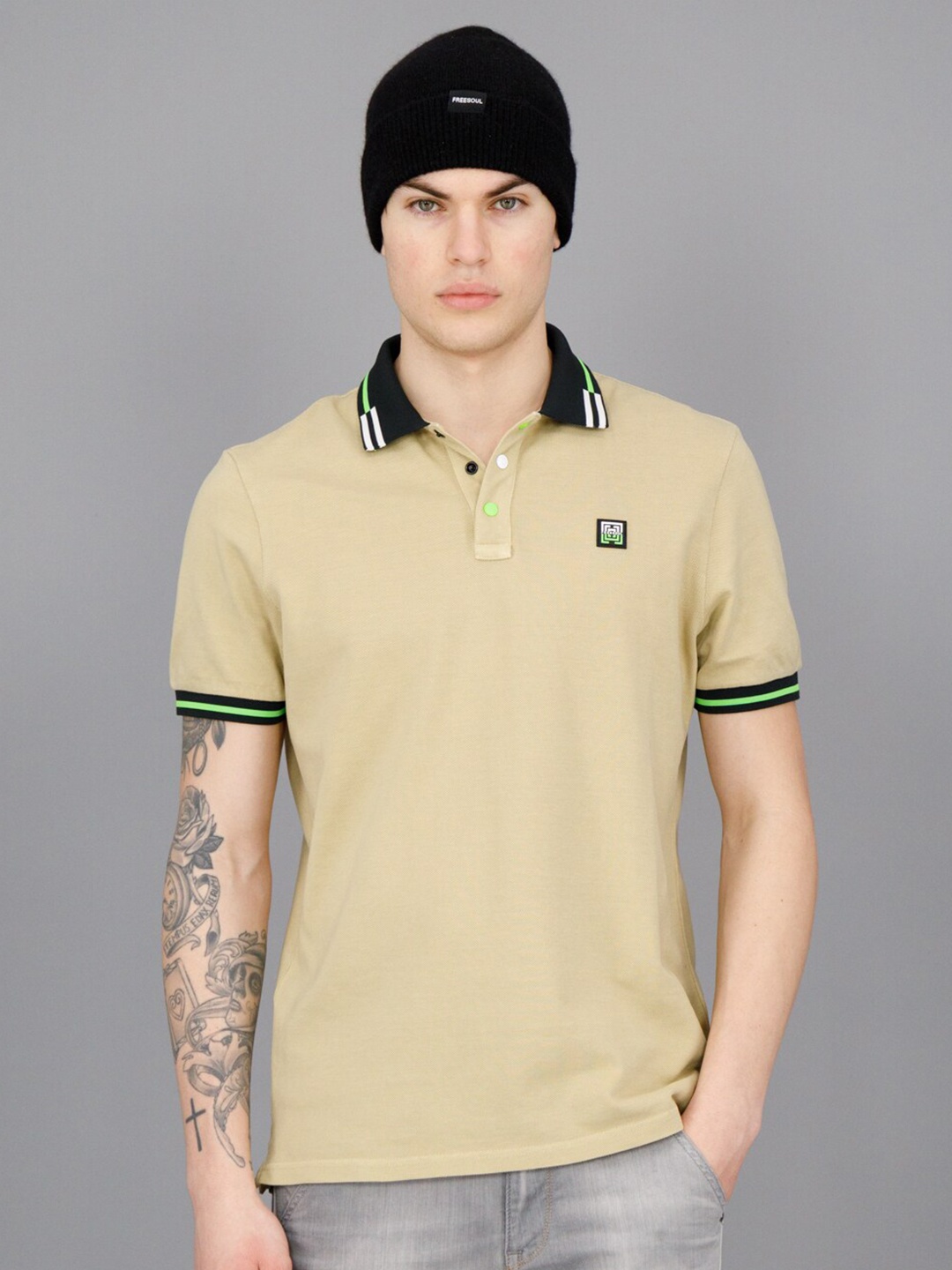 

FREESOUL Polo Collar Pure Cotton T-shirt, Beige