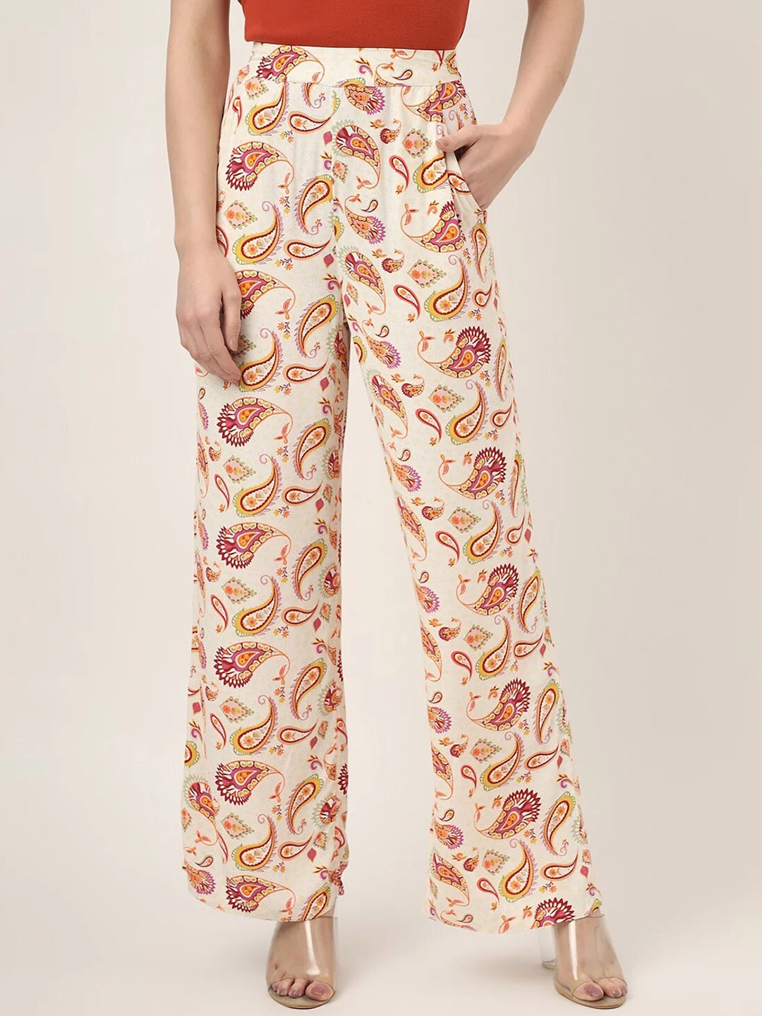 

Marks & Spencer Women Ethnic Motifs Printed Flared High-Rise Parallel Trousers, Cream