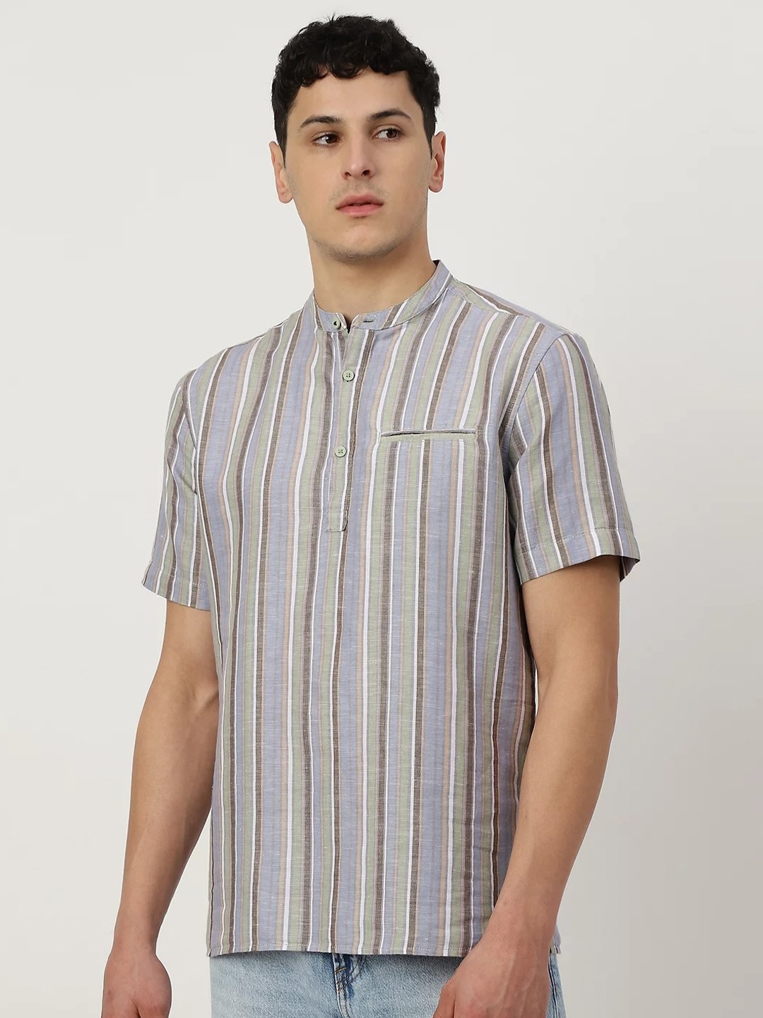 

Marks & Spencer Striped Mandarin Collar Cotton Casual Shirt, Green