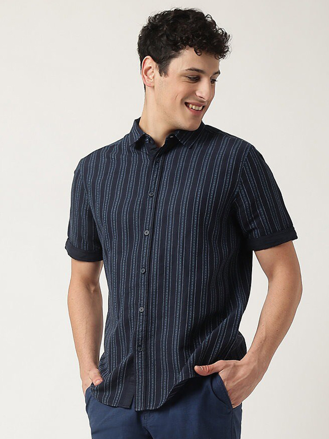 

Marks & Spencer Striped Cotton Casual Shirt, Navy blue