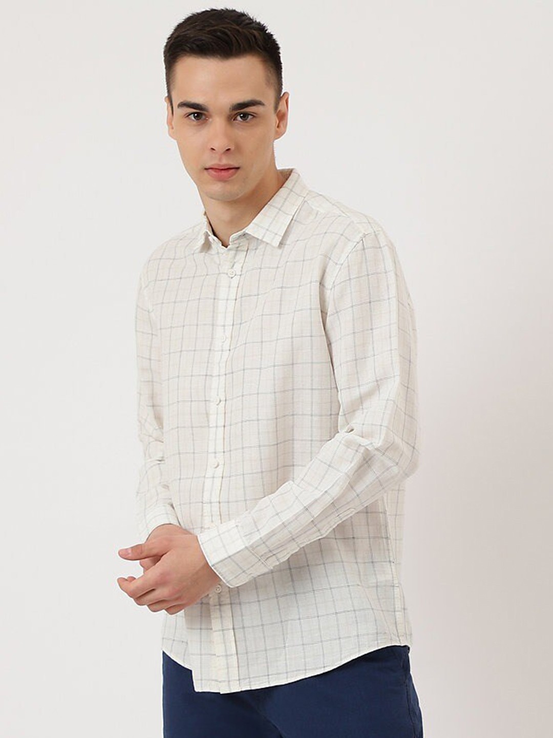 

Marks & Spencer Windowpane Checks Spread Collar Cotton Linen Casual Shirt, Off white
