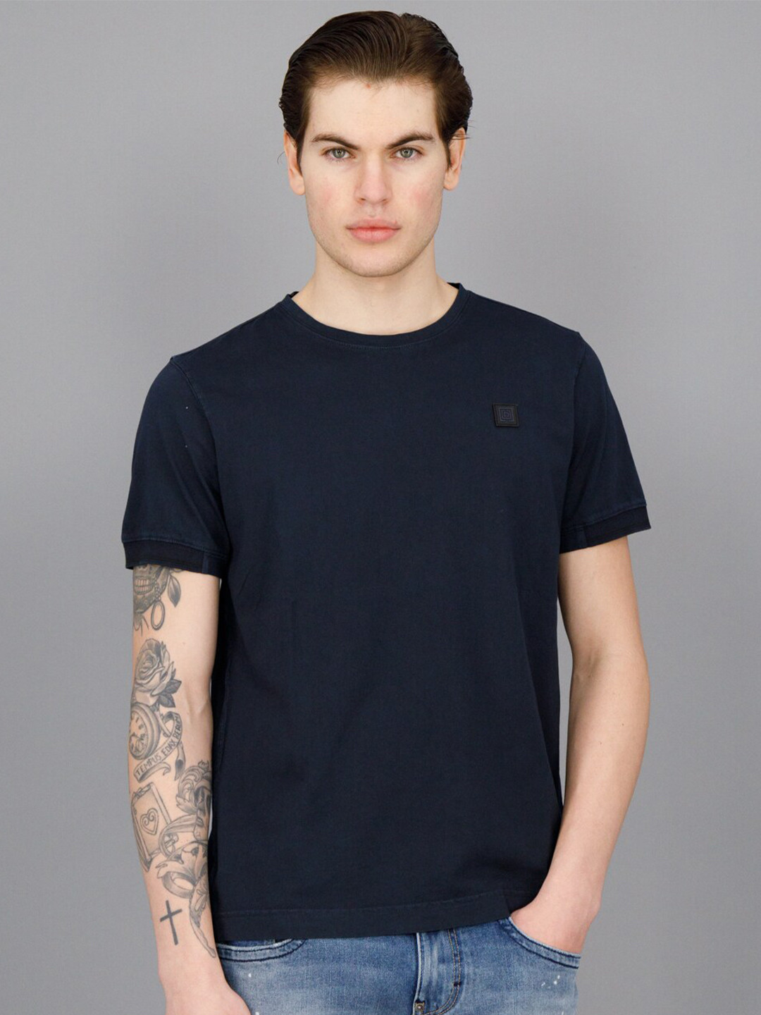 

FREESOUL Short Sleeve Round Neck Pure Cotton T-shirt, Navy blue