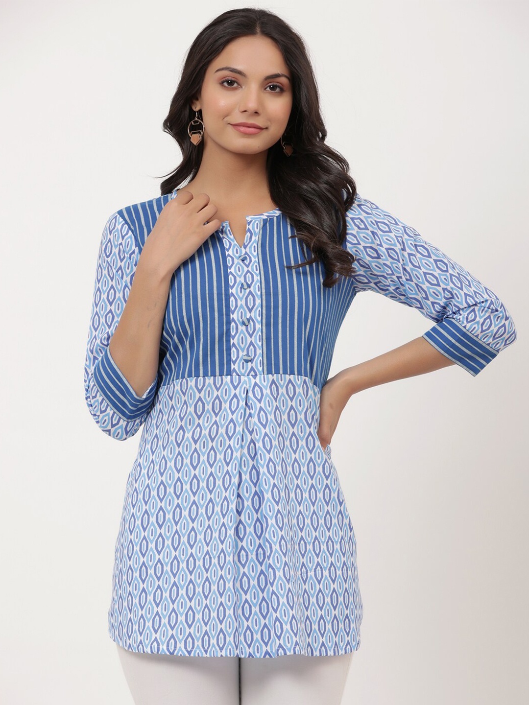 

PARCHHAI Geometric Print Pure Cotton Tunic, Blue