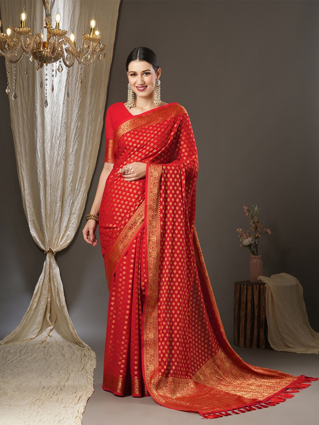 

Saree mall Ethnic Motifs Woven Design Zari Poly Georgette Kanjeevaram Sarees, Red