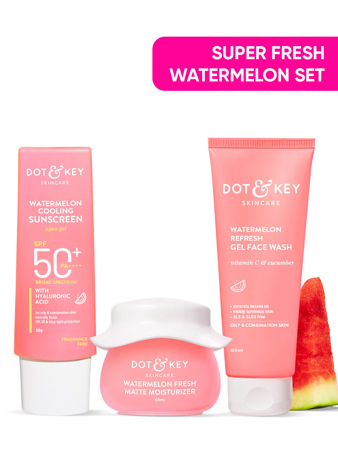 

DOT & KEY Watermelon Skin Care Set - Face Moisturizer + Sunscreen + Face Cleanser, Pink