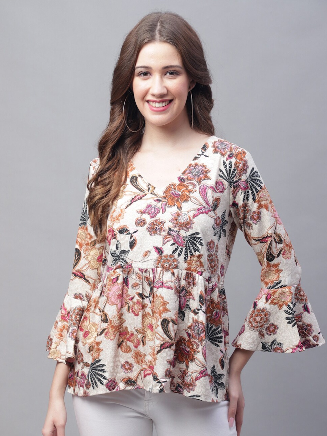 

GRACIT White Floral Printed Bell Sleeves A-Line Top, Off white