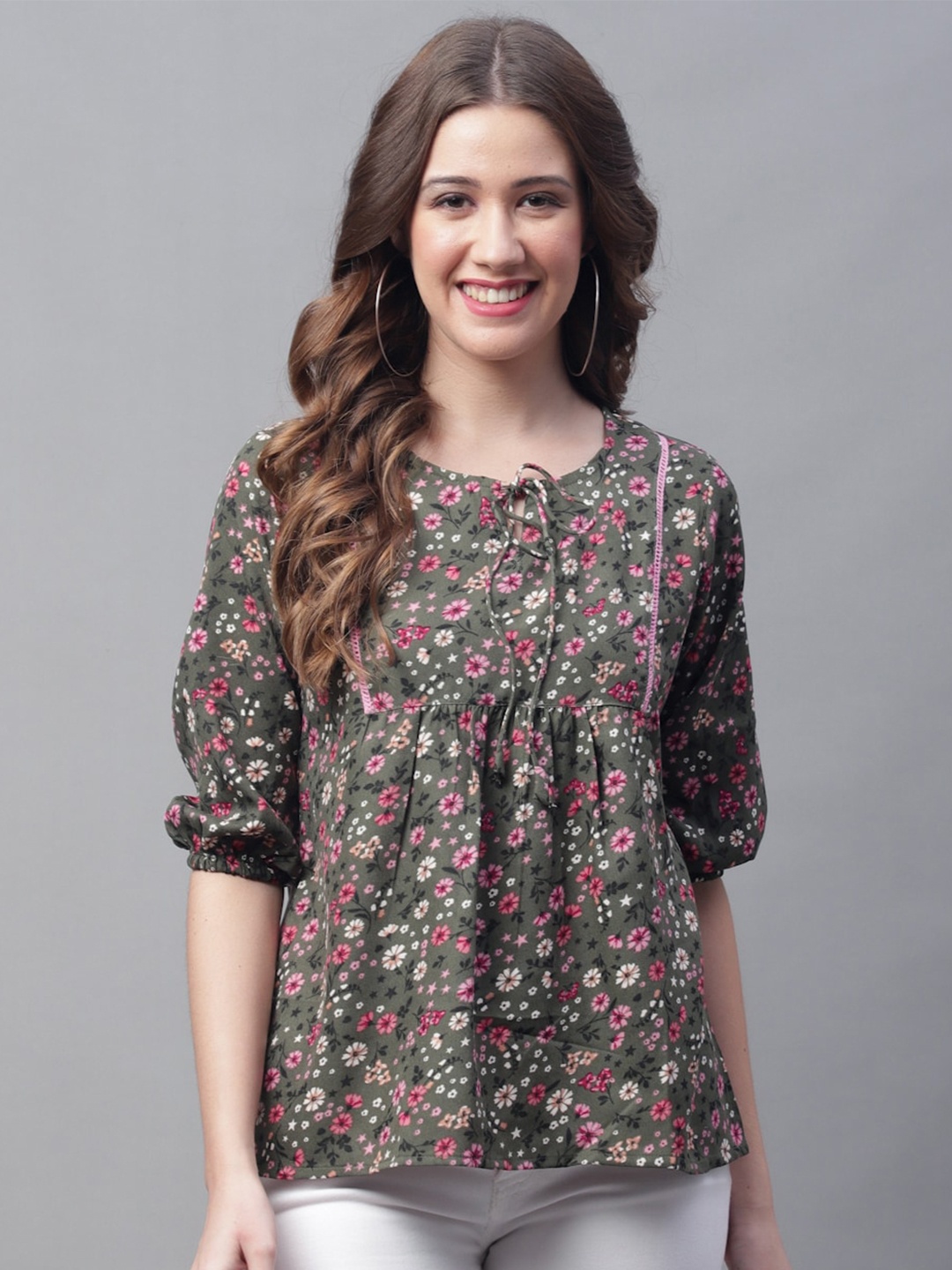 

GRACIT Floral Printed Tie Up Neck Puff Sleeve Top, Olive