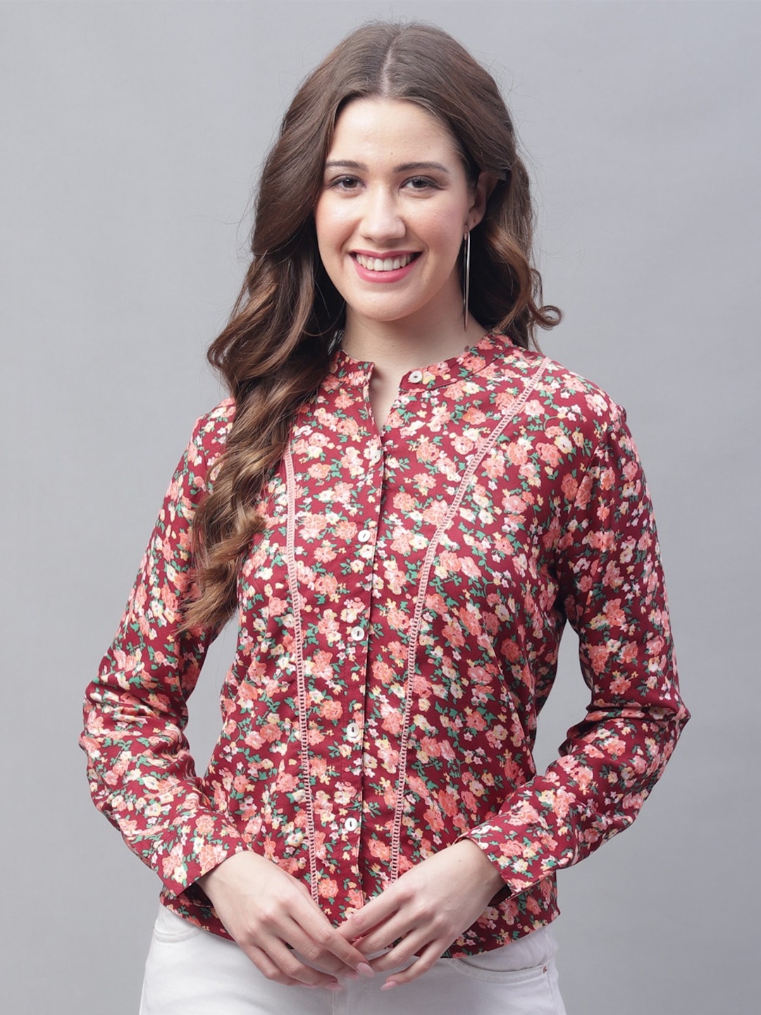 

GRACIT Floral Printed Mandarin Collar Shirt Style Top, Maroon