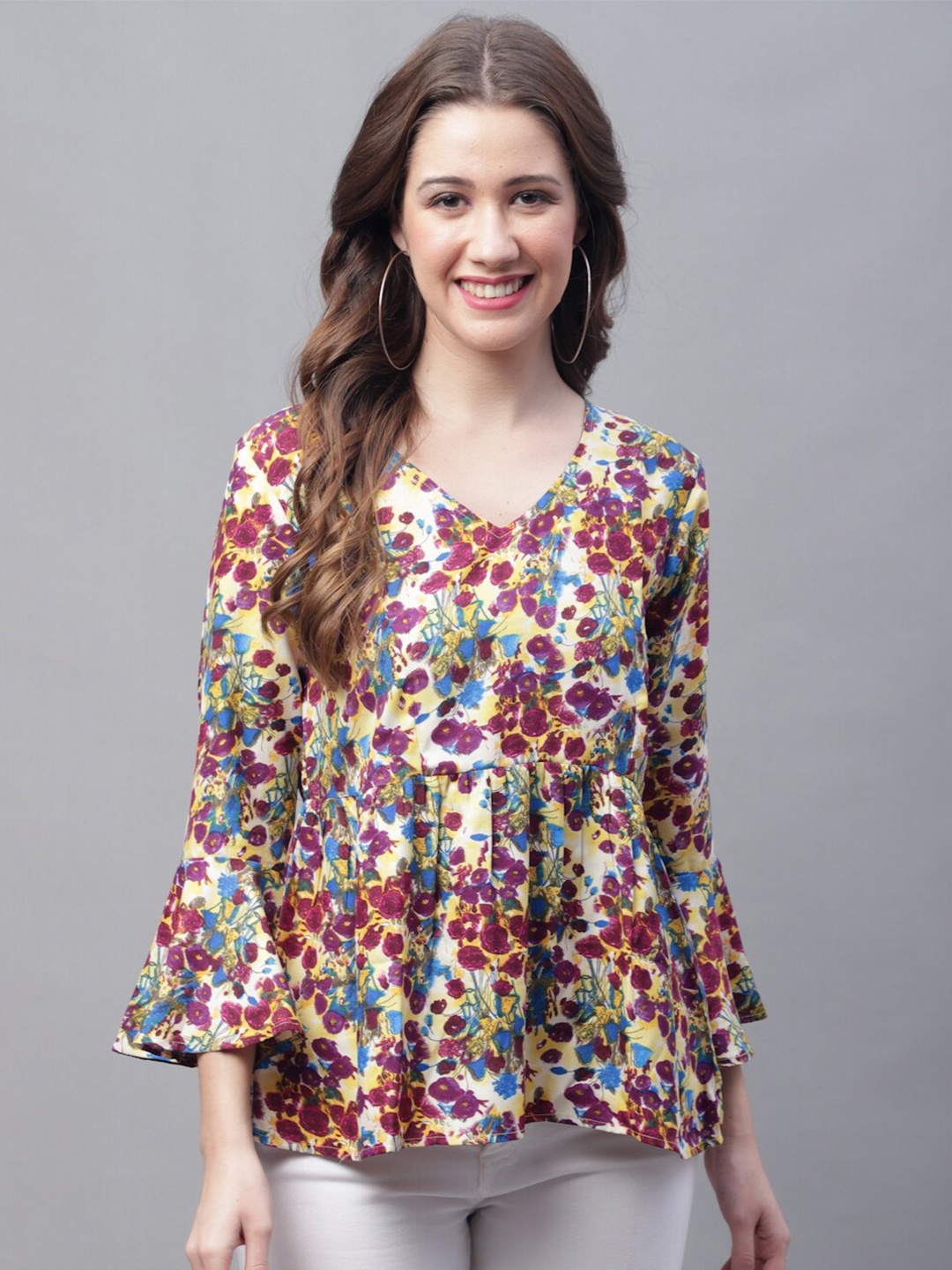 

GRACIT White Floral Printed Bell Sleeves Gathered A-Line Top