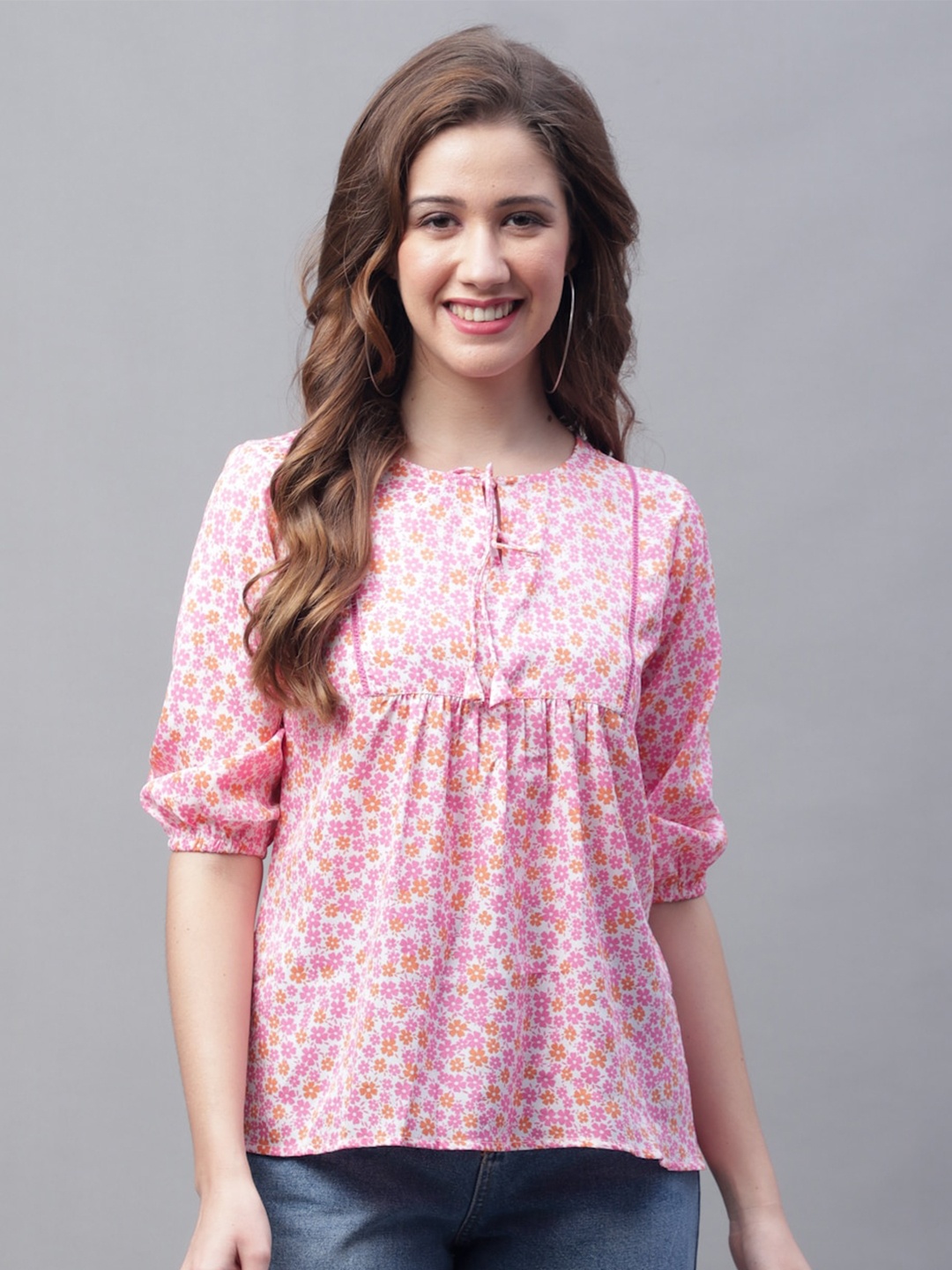 

GRACIT Floral Printed Tie-Up Neck Puff Sleeves Gathered Empire Top, Pink