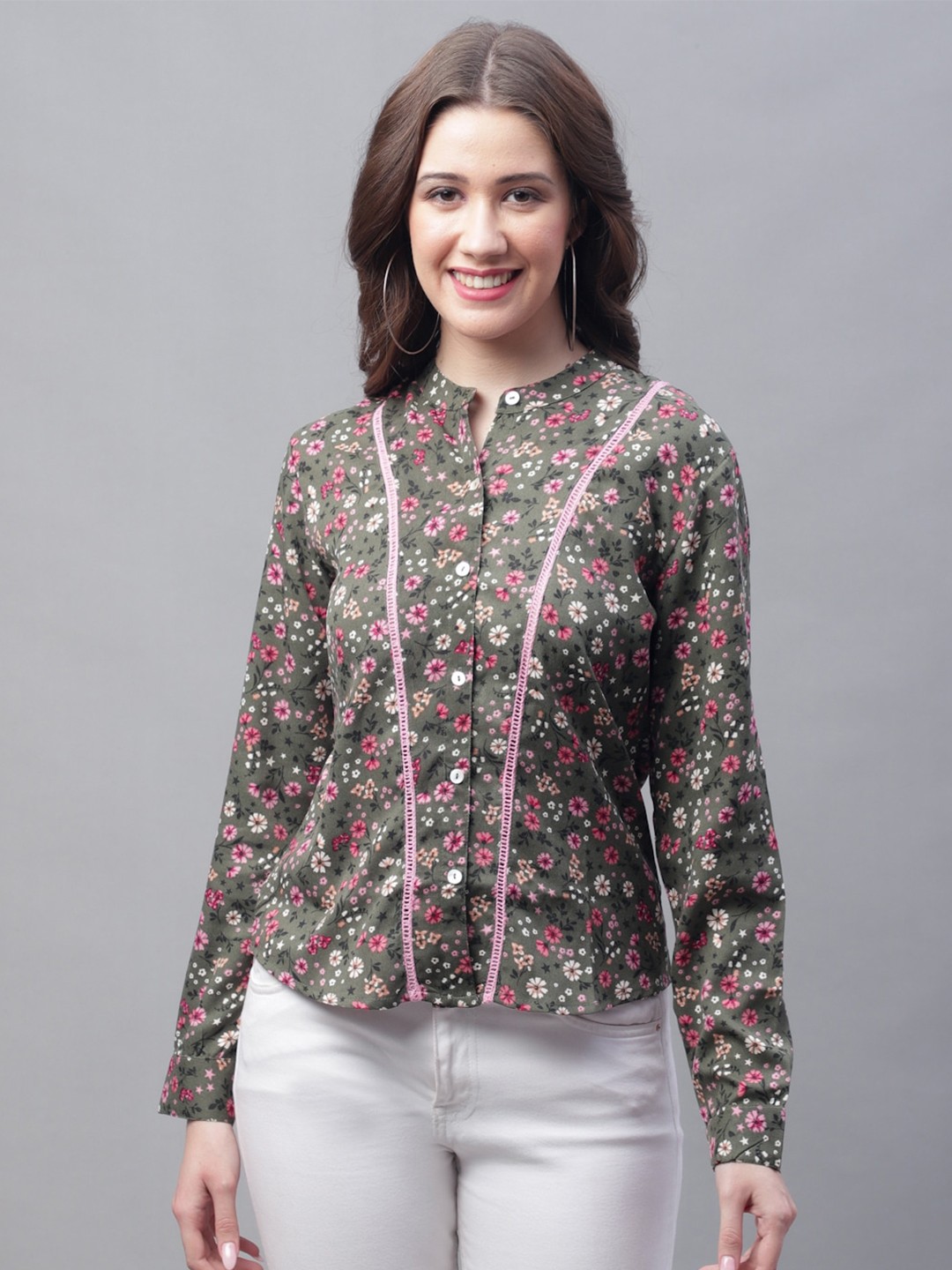 

GRACIT Floral Print Mandarin Collar Shirt Style Top, Green