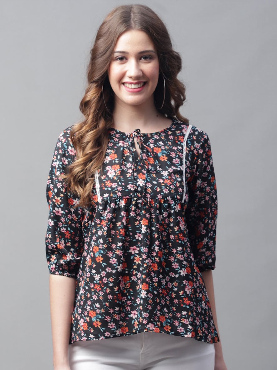 

GRACIT Floral Printed Tie-Up Neck Puff Sleeves Top, Navy blue