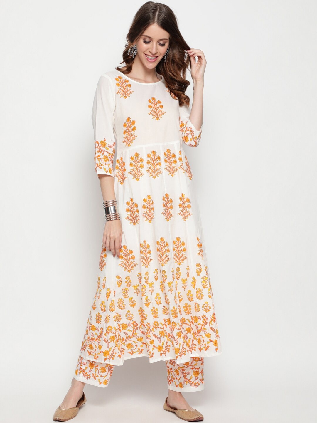 

THE NKS PLUS Ethnic Motifs A-Line Screen Regular Pure Cotton Kurta with Trousers, Off white