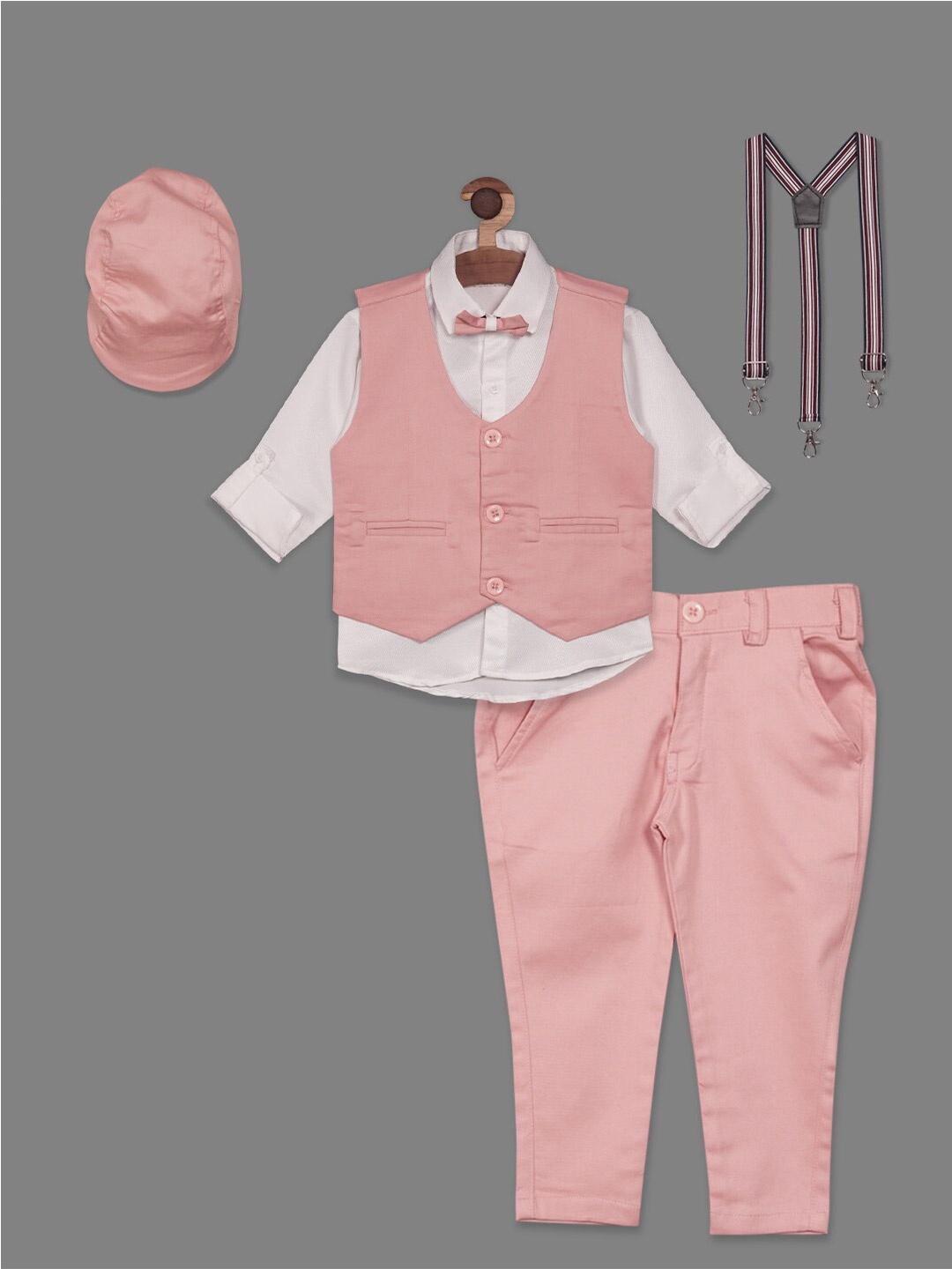 

RIKIDOOS Boys Shirt with Trousers ,Suspender, Cap & Bow, White