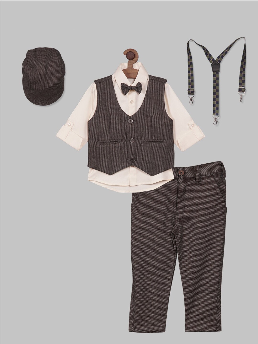 

RIKIDOOS Boys Shirt with Trousers, Waistcoat, Suspenders, Bow & Cap, Cream
