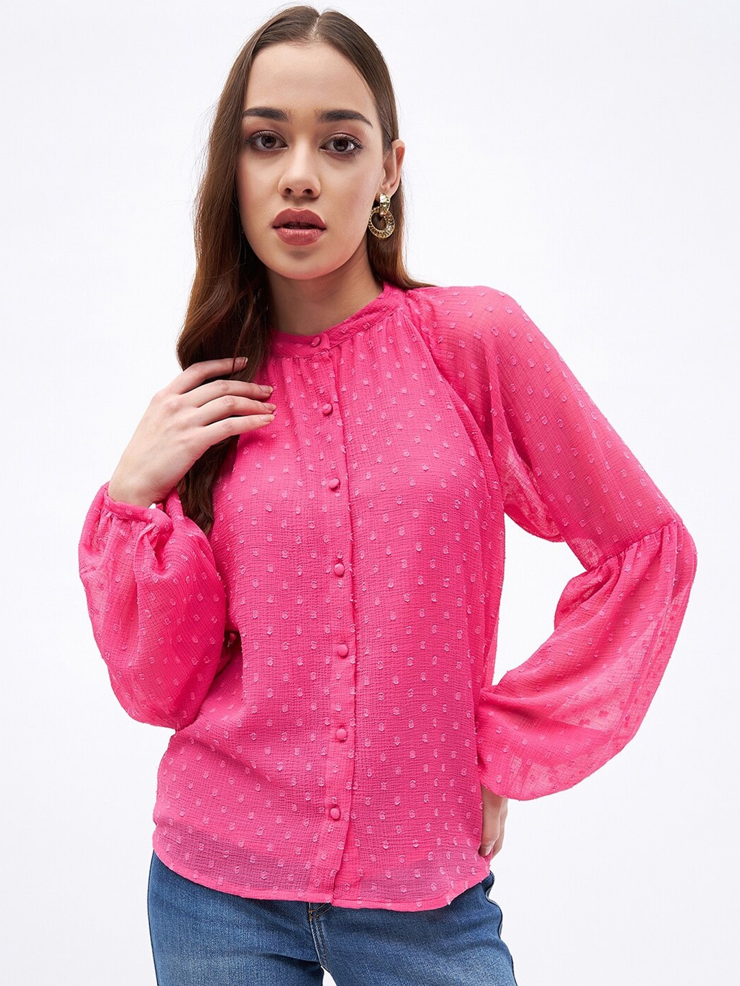 

JUNE & HARRY Self Design Puff Sleeves Chiffon Shirt Style Top, Pink