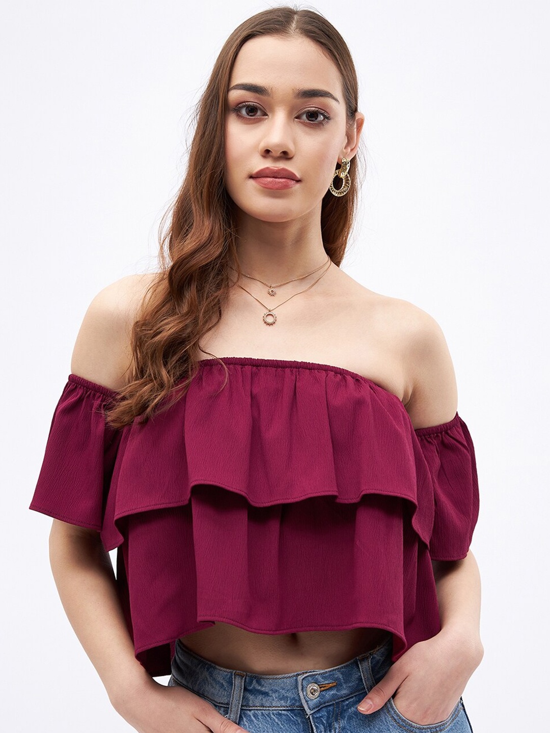 

JUNE & HARRY Off-Shoulder Bardot Crop Top, Maroon