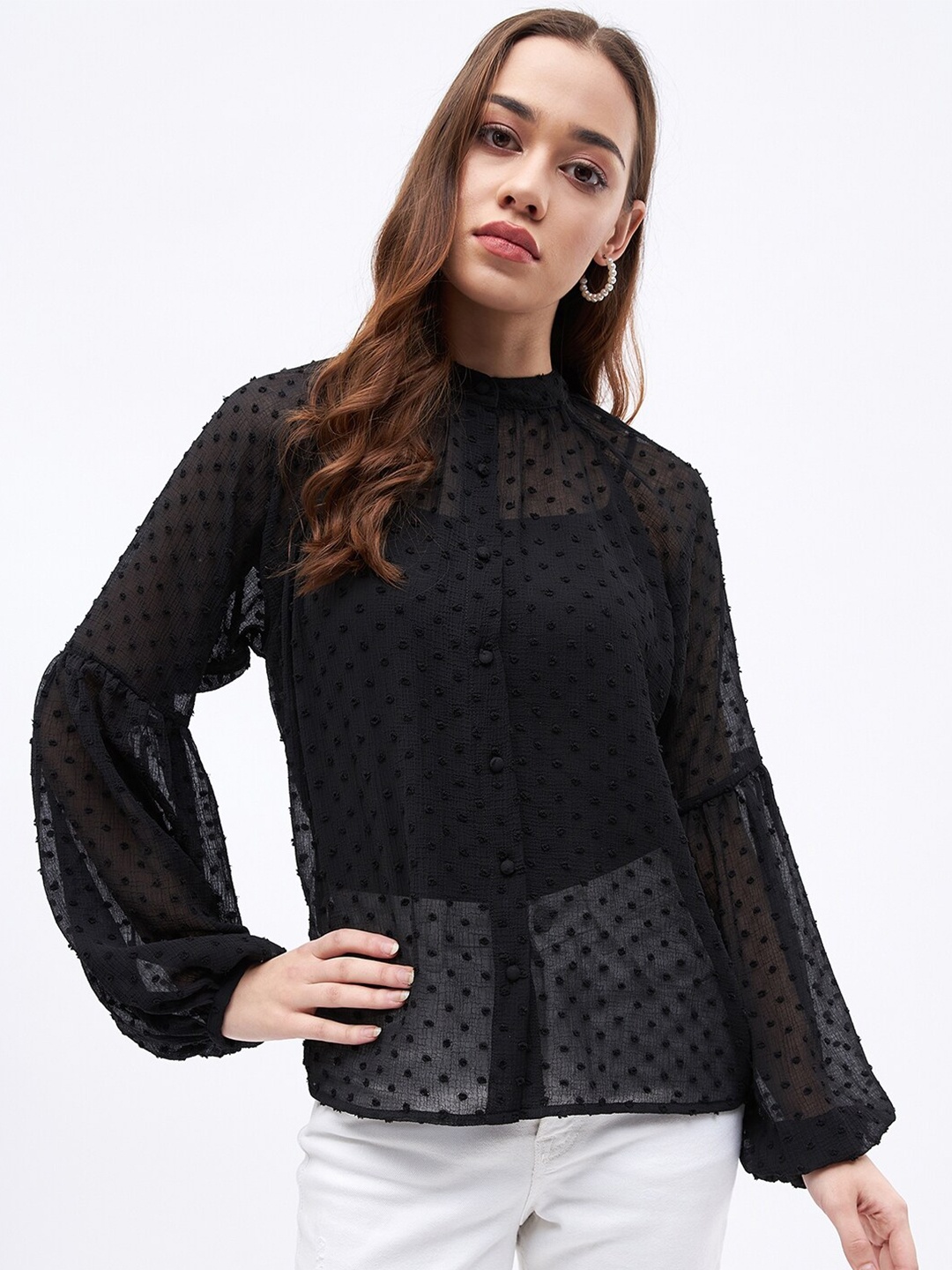 

JUNE & HARRY Self Design Puff Sleeves Chiffon Shirt Style Top, Black