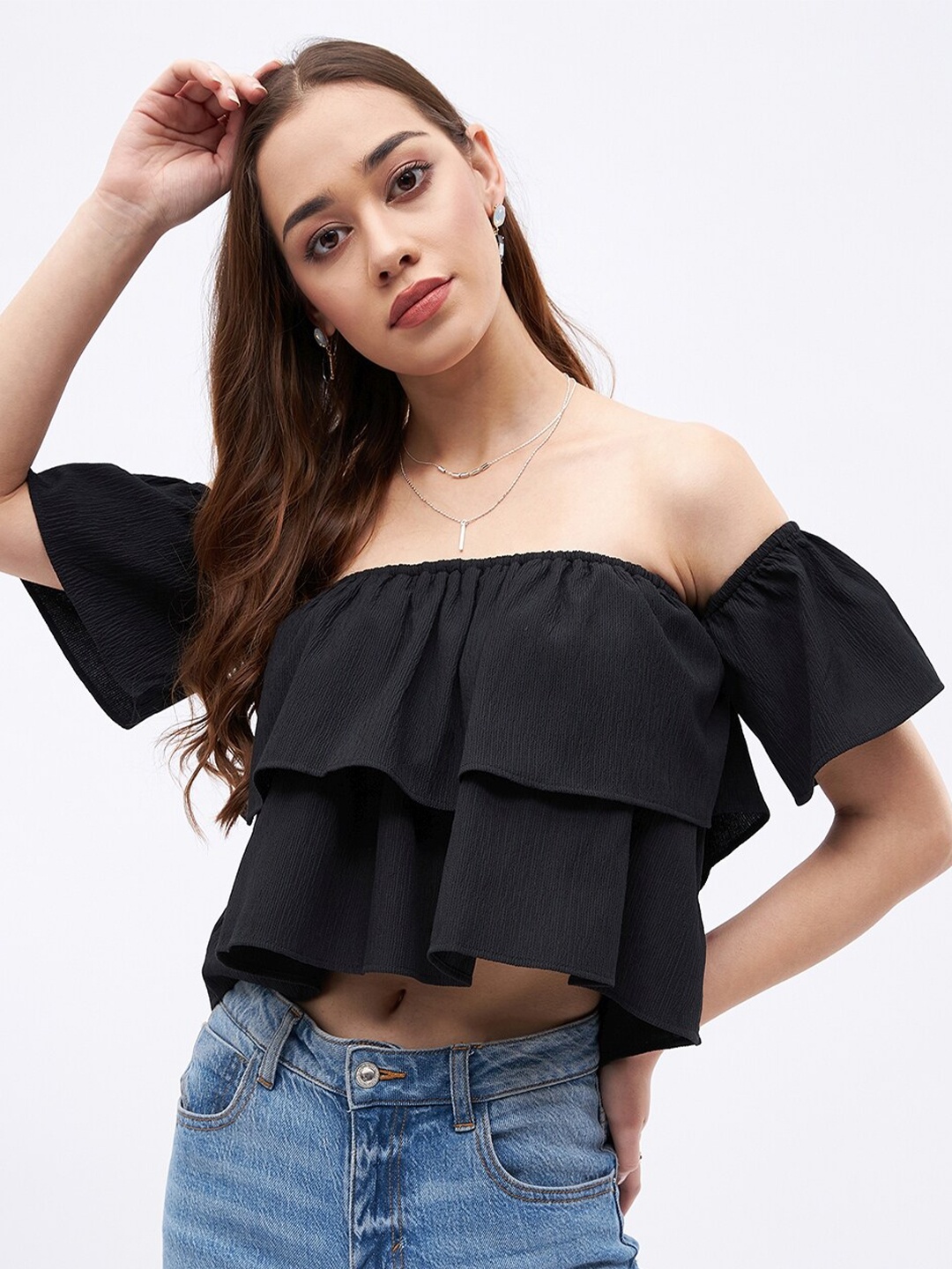 

JUNE & HARRY Off-Shoulder Layered Bardot Top, Black
