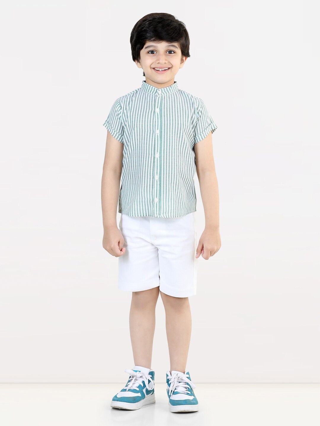 

AWW HUNNIE Boys Striped Cotton Shirt with Shorts Set, Green