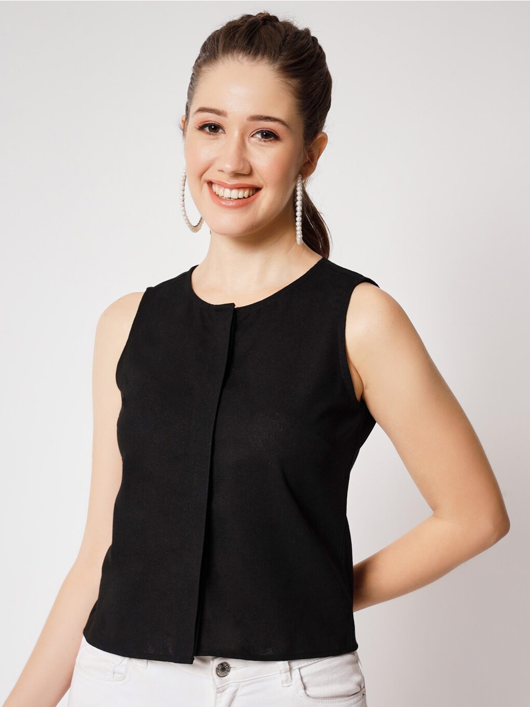 

CHARMGAL Round Neck Shirt Style Linen Top, Black