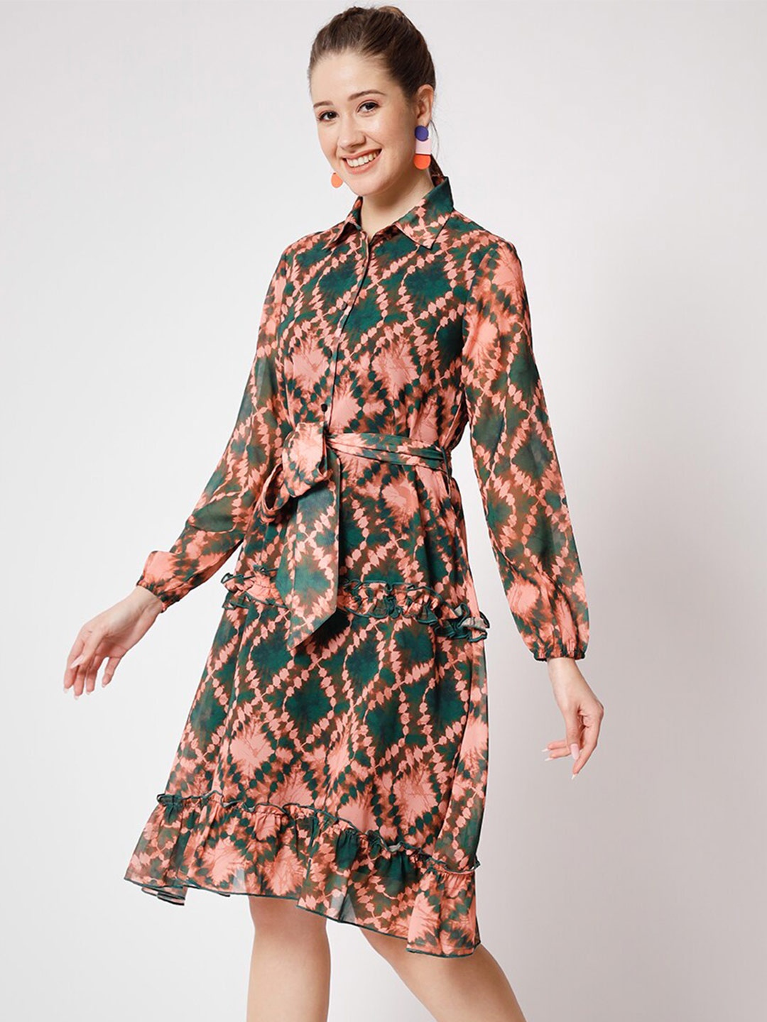 

CHARMGAL Ethnic Motifs Print Puff Sleeves Georgette Fit & Flare Dress, Green