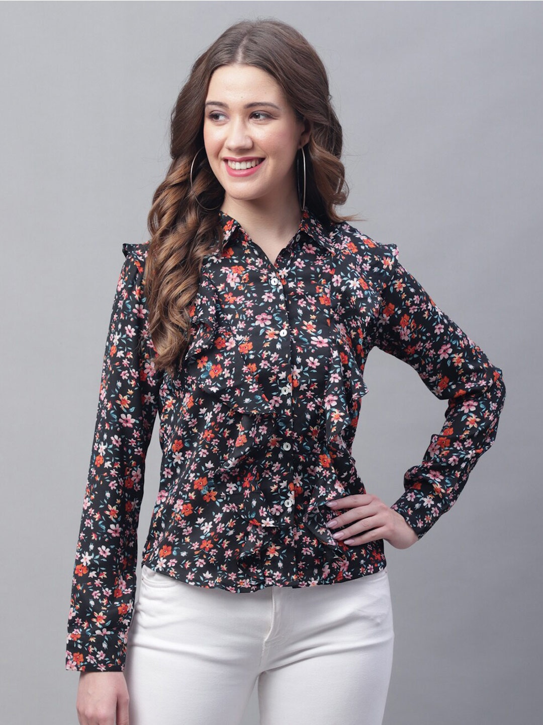 

GRACIT Floral Printed Ruffled Crepe Shirt Style Top, Navy blue