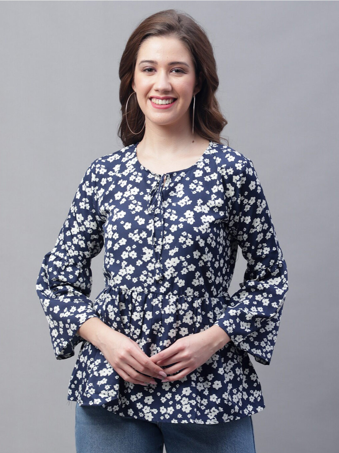

GRACIT Floral Printed Tie-Up Neck Bell Sleeve Crepe Peplum Top, Navy blue