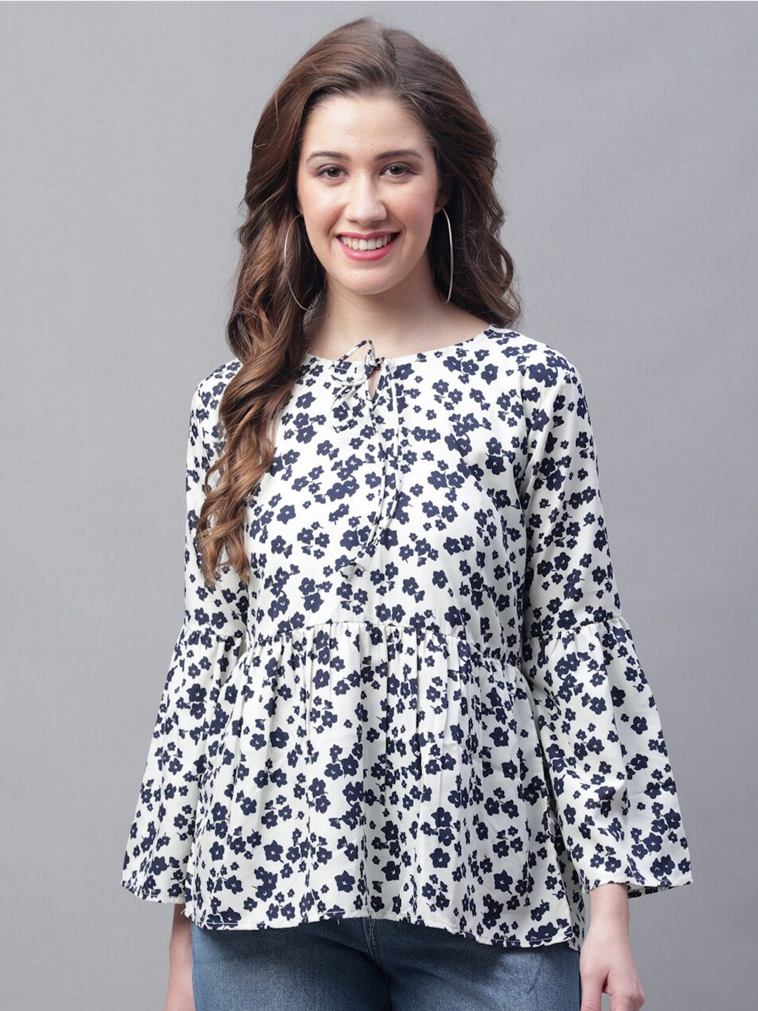 

GRACIT Floral Print Tie-Up Neck Bell Sleeve Crepe Peplum Top, White