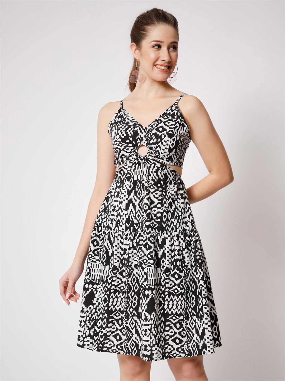 

CHARMGAL Ethnic Motifs Print Crepe Fit & Flare Dress, Black