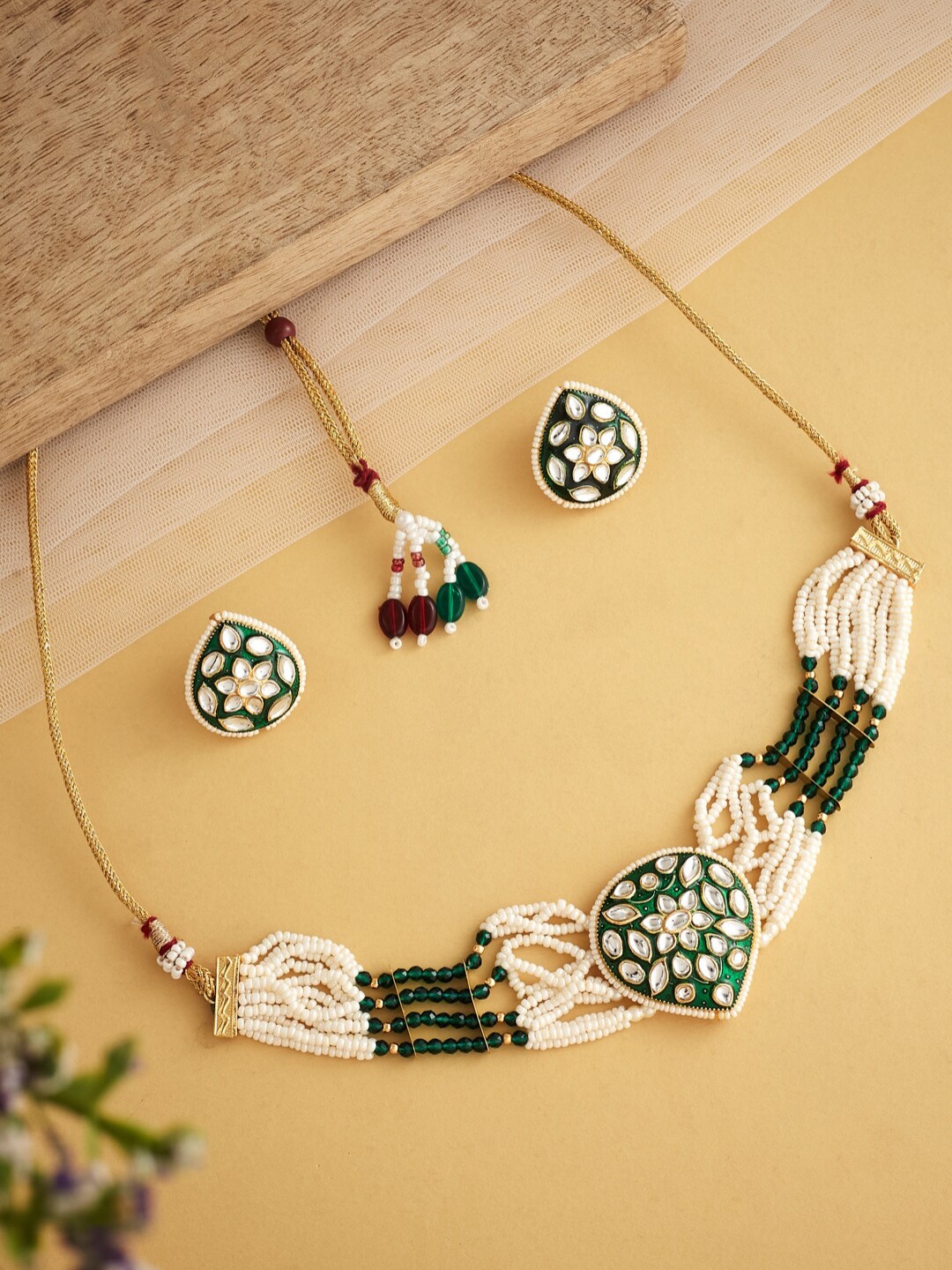 

ATIBELLE Gold-Plated Kundan Studded & Beaded Enamelled Choker Necklace and Earrings, Green