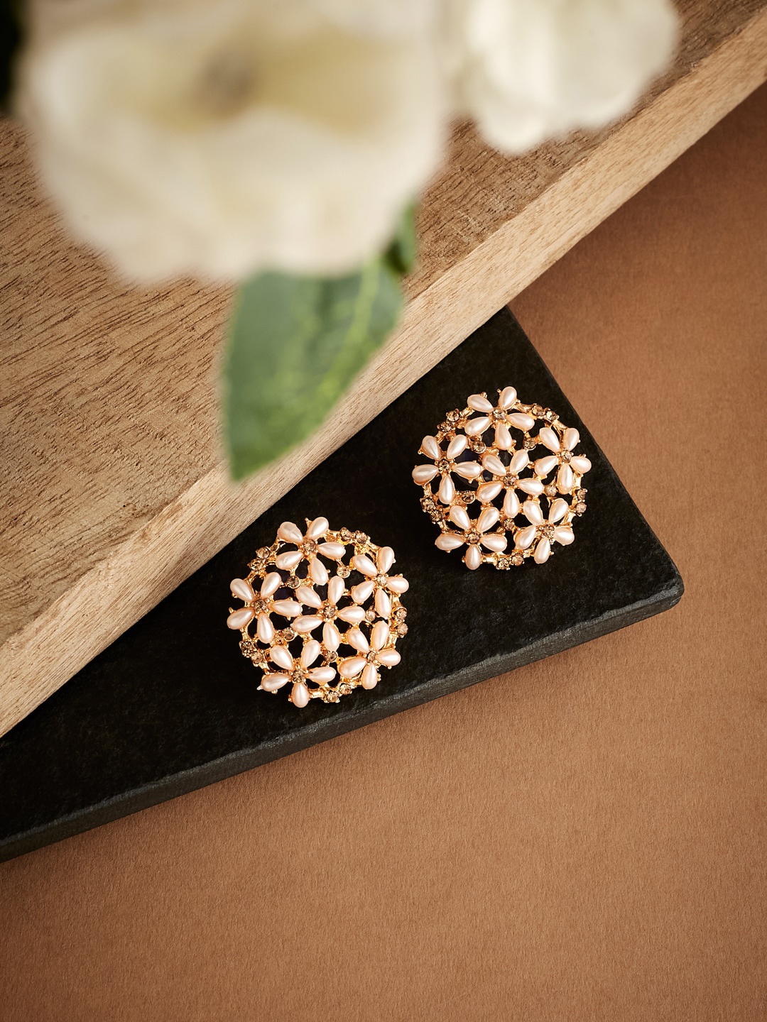

ATIBELLE Gold-Plated Artificial Stones and Beads Floral Studs Earrings, White