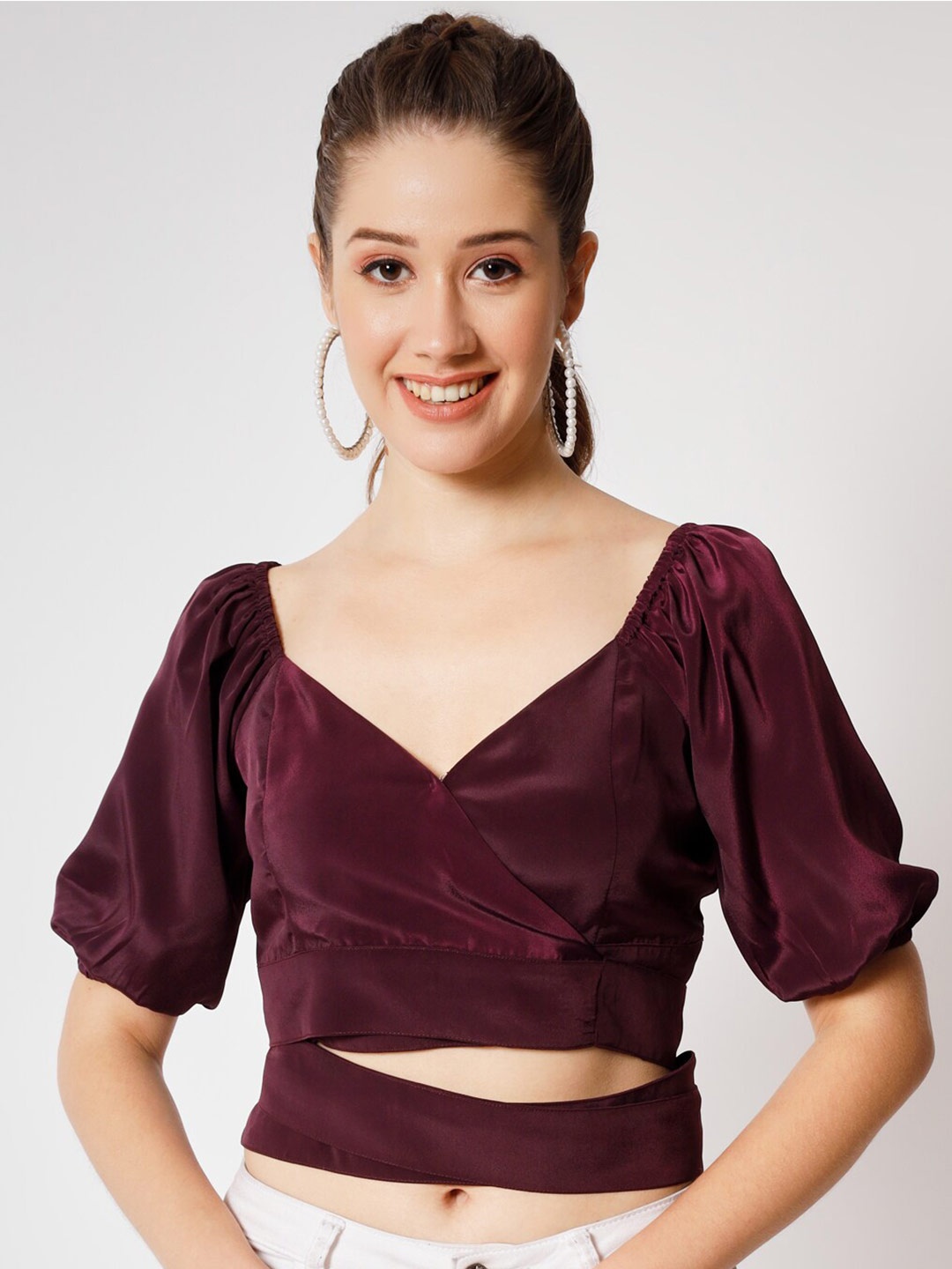 

CHARMGAL Puff Sleeves Crepe Cut Out Wrap Crop Top, Maroon