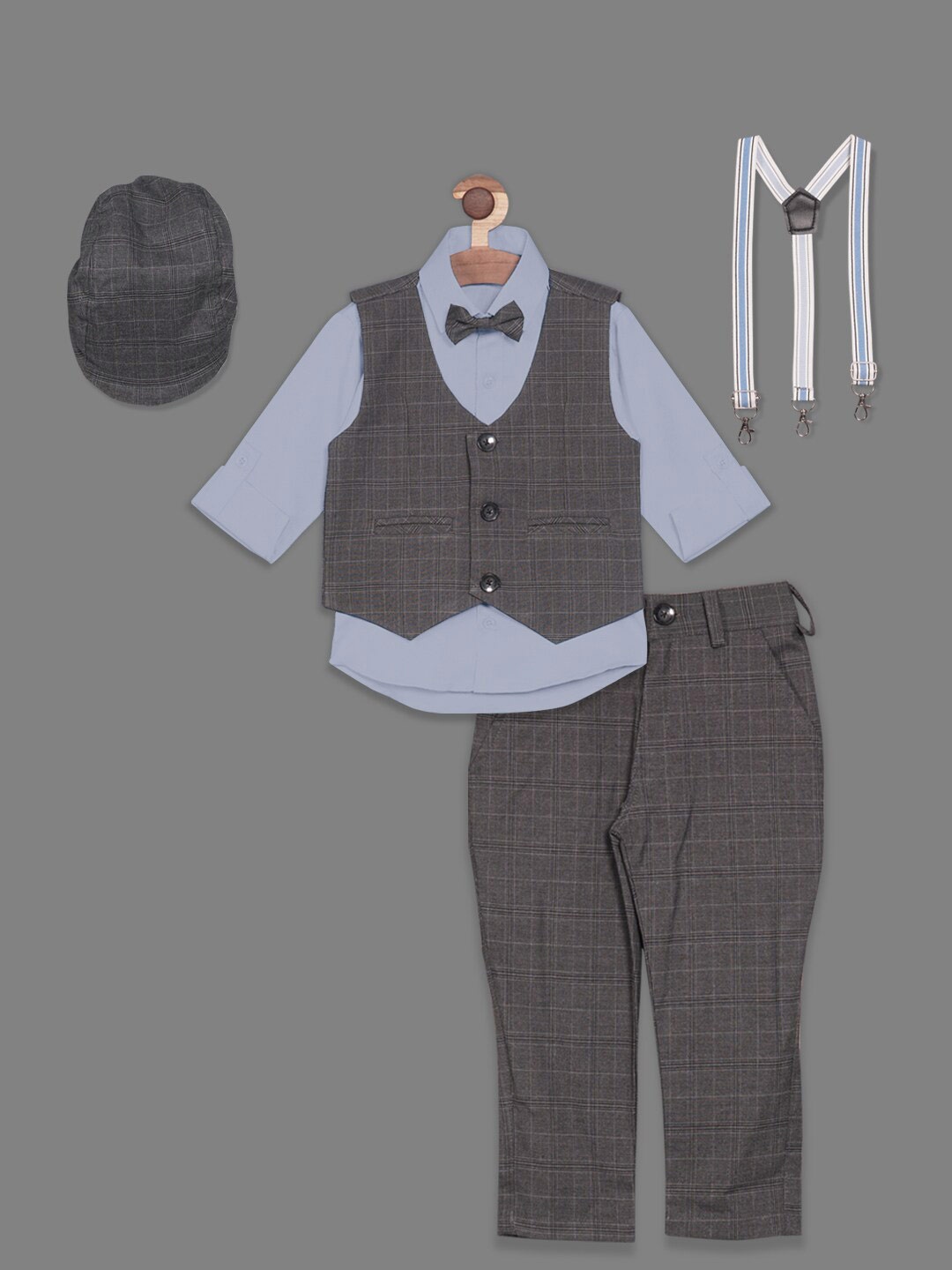 

RIKIDOOS Boys Spread Collar Shirt & Trousers with Waistcoat and Suspenders Clothing Set, Grey