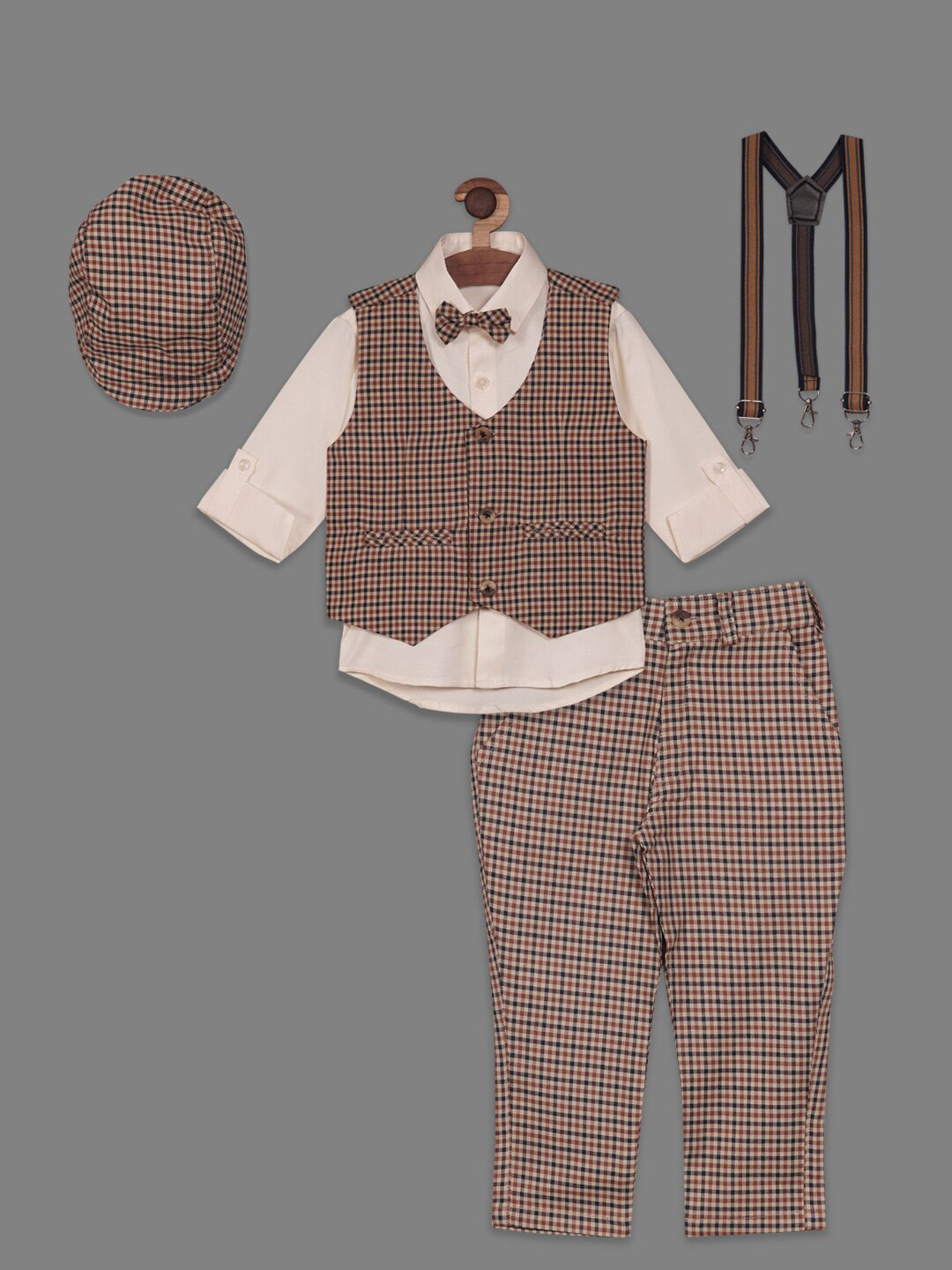 

RIKIDOOS Kids Boys Checked Shirt & Trousers with Waistcoat, Suspender, Cap, Bow, Off white