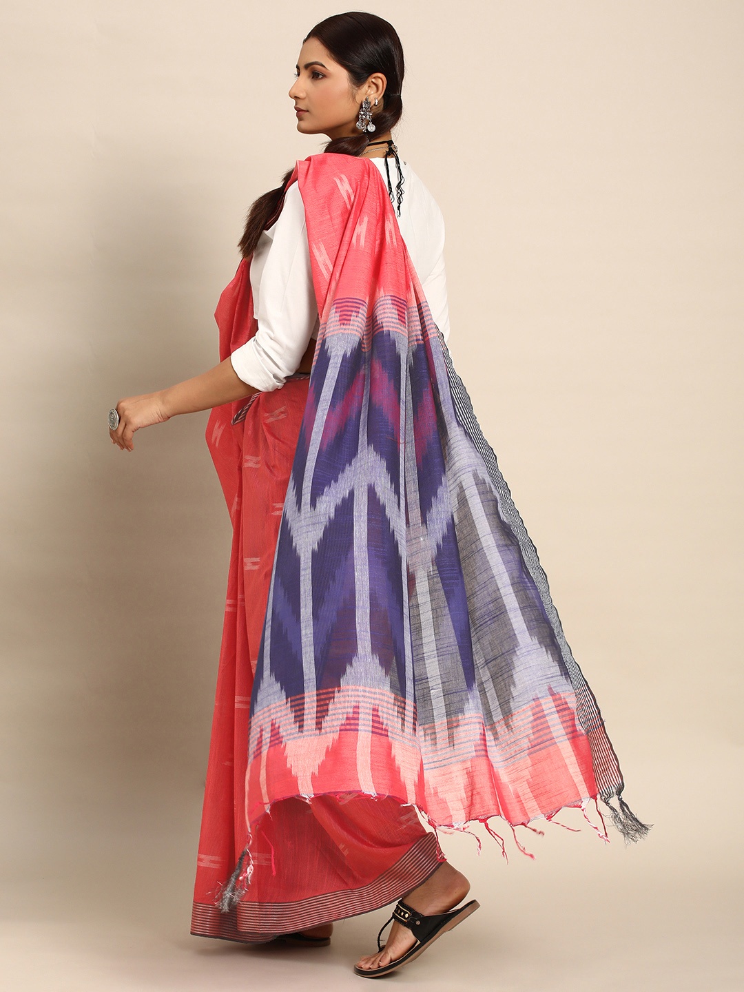 

Taavi Zari Pure Cotton Ikat Saree, Red