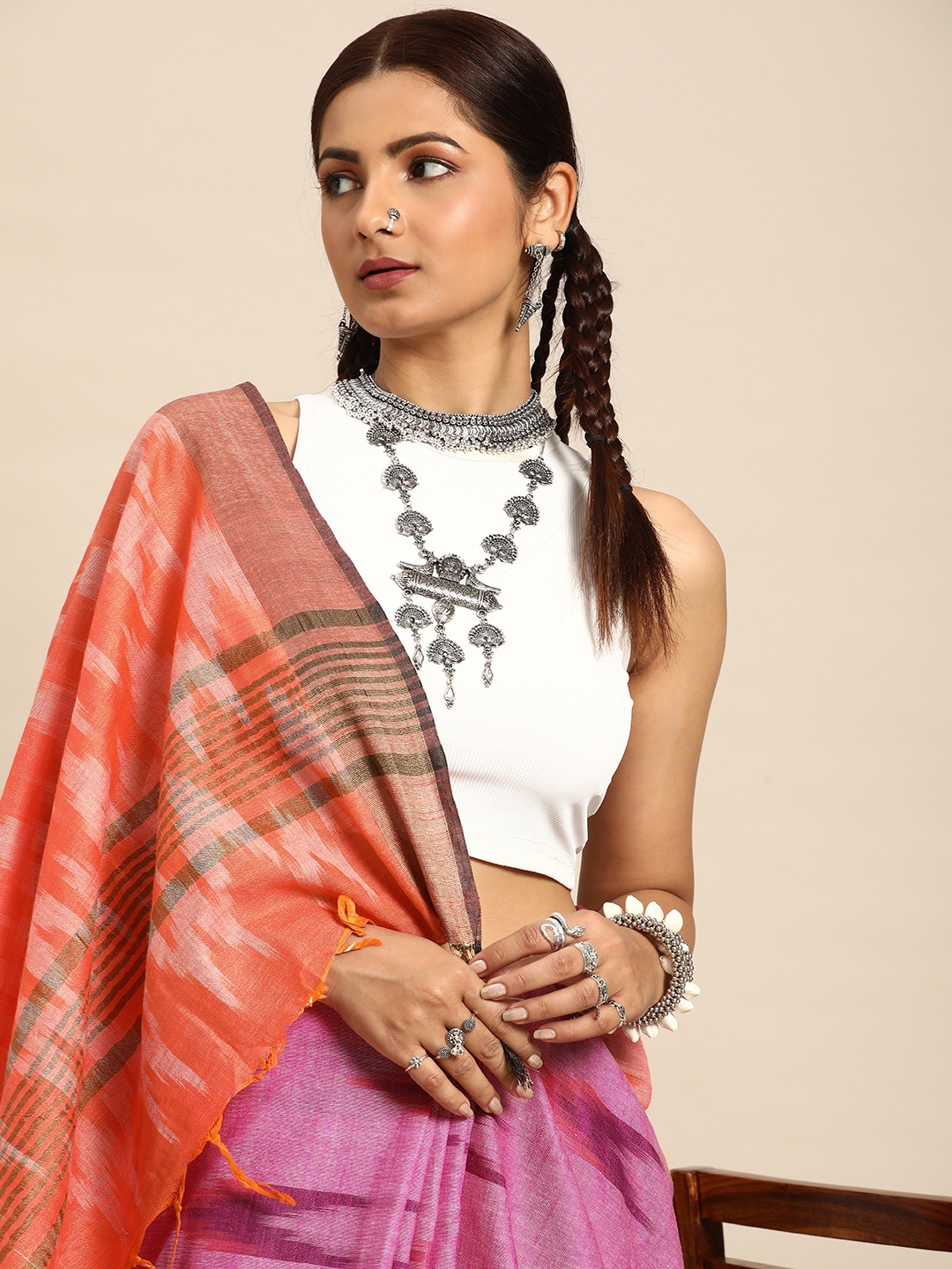 

Taavi Pure Cotton Half and Half Ikat Saree, Pink