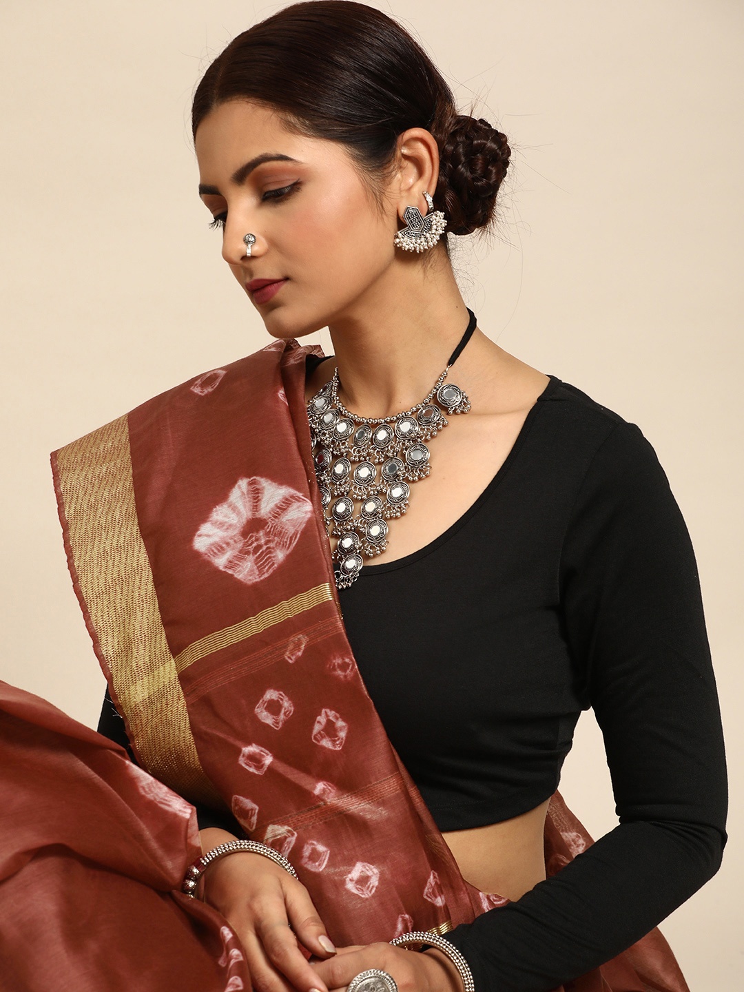 

Taavi Tie & Dye Printed Zari Pure Silk Bhagalpuri Saree, Maroon