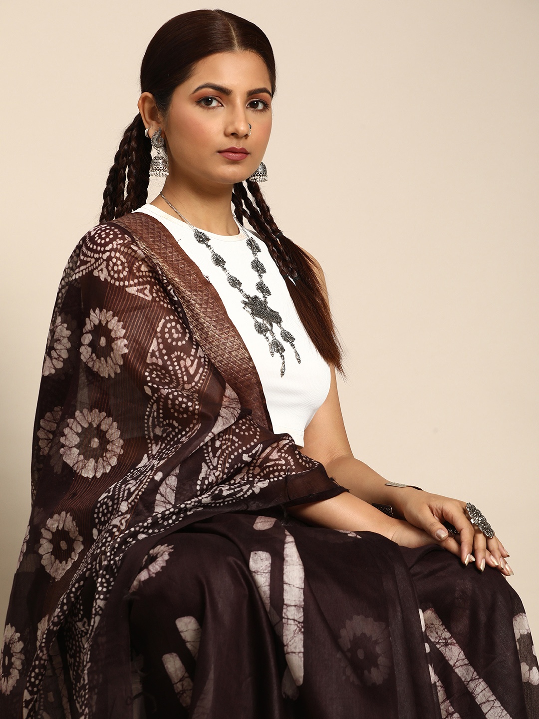 

Taavi Batik Zari Pure Silk Bhagalpuri Saree, Brown